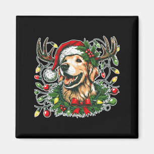 Christmas Golden Retriever Antlers Santa Hat Long  Magnet