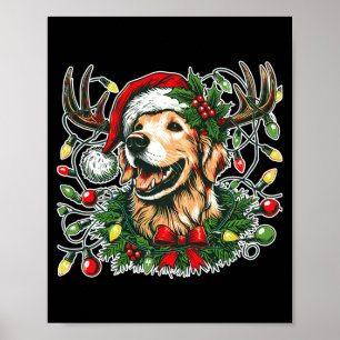Christmas Golden Retriever Antlers Santa Hat Long  Poster