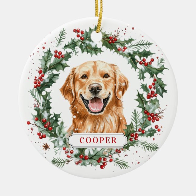 Christmas Golden Retriever Ceramic Circle Ornament (Front)