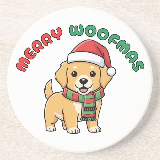 Christmas Golden Retriever Coaster: Merry Woofmas Coaster (Front)