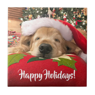 Christmas Golden Retriever Dog Asleep Under Tree Tile