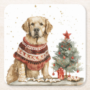 Christmas Golden Retriever Dog Square Paper Coaster