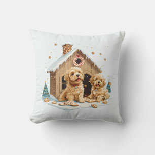Christmas Golden Retriever Dogs Gingerbread House Cushion
