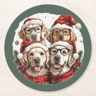 Christmas Golden Retriever Dogs Round Paper Coaster