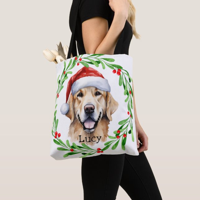 Christmas Golden Retriever Goldie Holiday Monogram Tote Bag (Close Up)