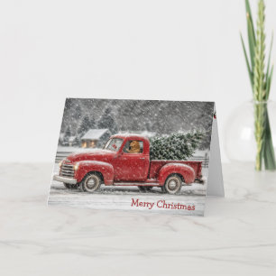Christmas Golden Retriever in a Retro Pickup Truck Card