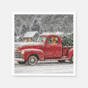 Christmas Golden Retriever in a Retro Pickup Truck Napkin