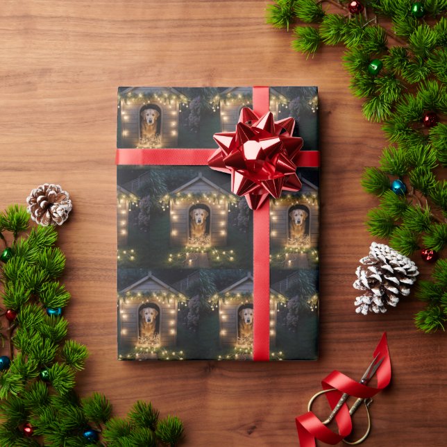 Christmas Golden Retriever In Doghouse Wrapping Paper (Holiday Gift)