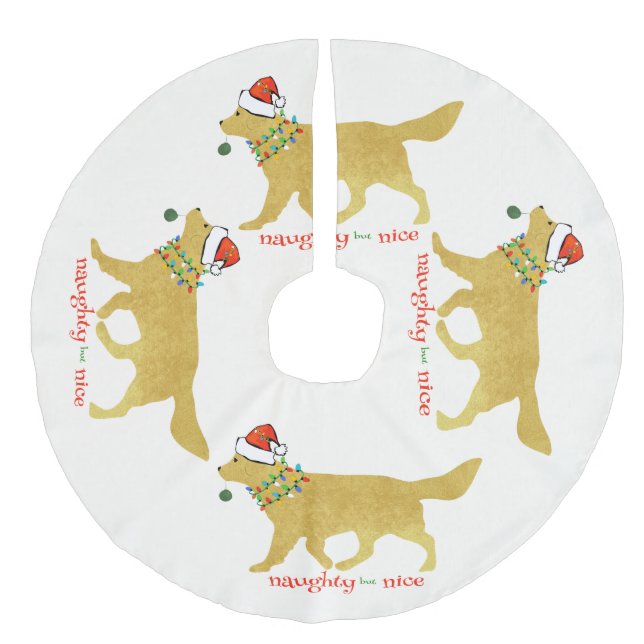 Christmas Golden Retriever Naughty but Nice Faux Linen Tree Skirt (Front)