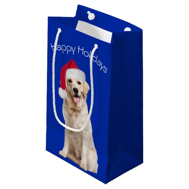 Christmas Golden Retriever On Blue  Small Gift Bag (Front Angled)