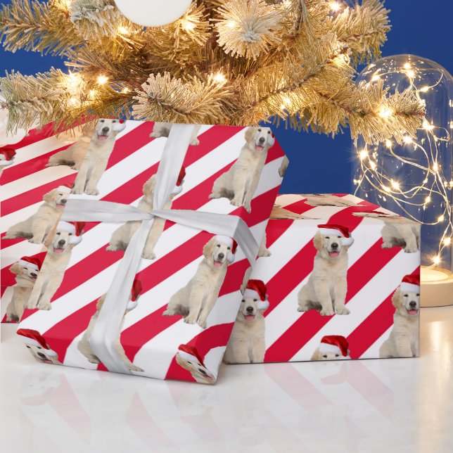 Christmas Golden Retriever On Stripes Wrapping Paper (Holidays)