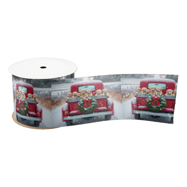 Christmas Golden Retriever Puppies In Retro Truck Satin Ribbon (Spool)