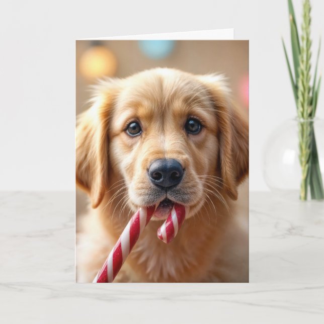 Christmas Golden Retriever Puppy and a Candy Cane Card (Front)