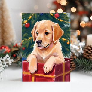 Christmas Golden Retriever Puppy Present Holiday Card