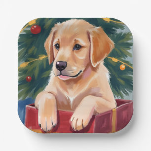 Christmas Golden Retriever Puppy Present Holiday Paper Plate
