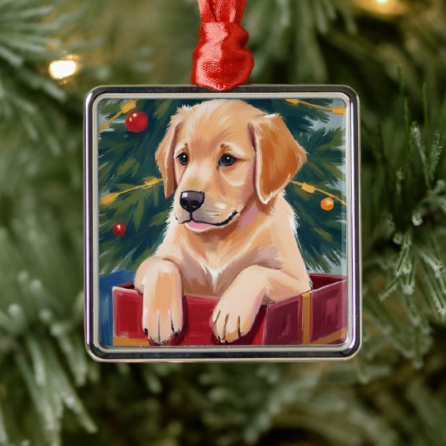 Christmas Golden Retriever Puppy Present Metal Tree Decoration (Tree)