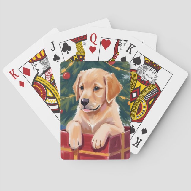 Christmas Golden Retriever Puppy Present Playing Cards (Back)