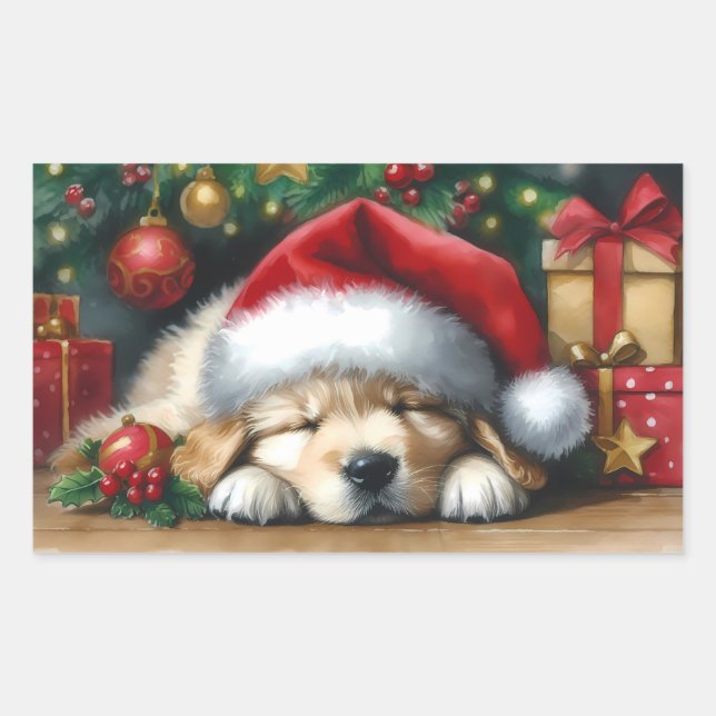 Christmas Golden Retriever Puppy Rectangular Sticker (Front)
