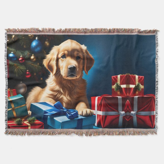 CHRISTMAS GOLDEN RETRIEVER PUPPY THROW BLANKET (Front)