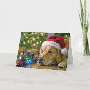 Christmas Golden Retriever Watching a Toy Train Card