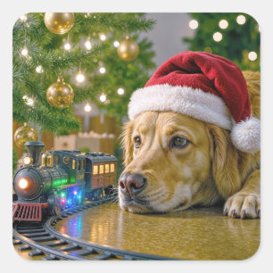 Christmas Golden Retriever Watching a Toy Train Square Sticker