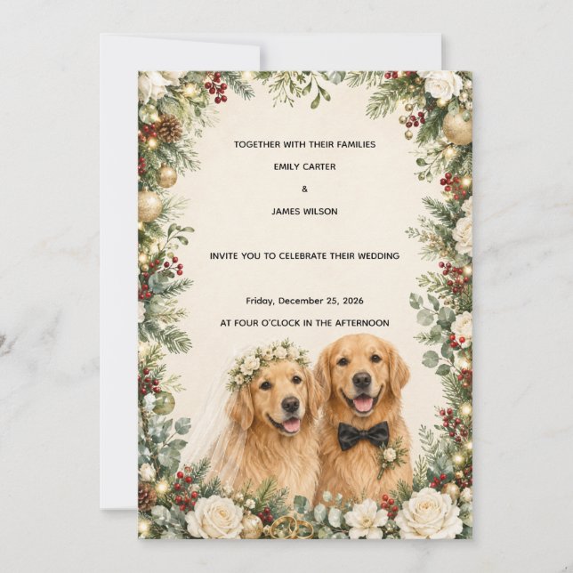Christmas Golden Retriever Wedding Invitation  (Front)