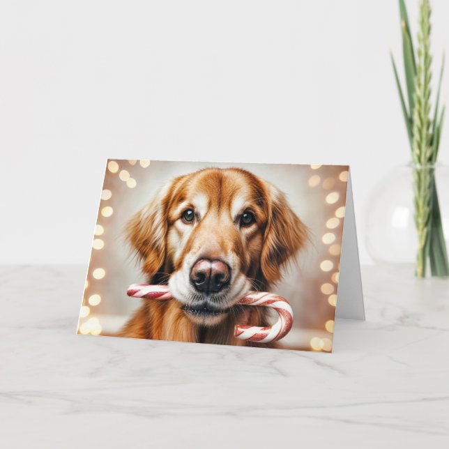 Christmas Golden Retriever With a Candy Cane Holiday Card (Front)