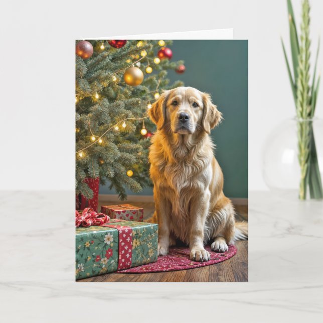 Christmas Golden Retriever With Holiday Gifts Card (Front)