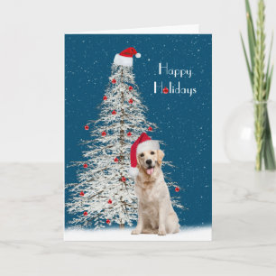 Christmas Golden Retriever with White Tree Holiday Card