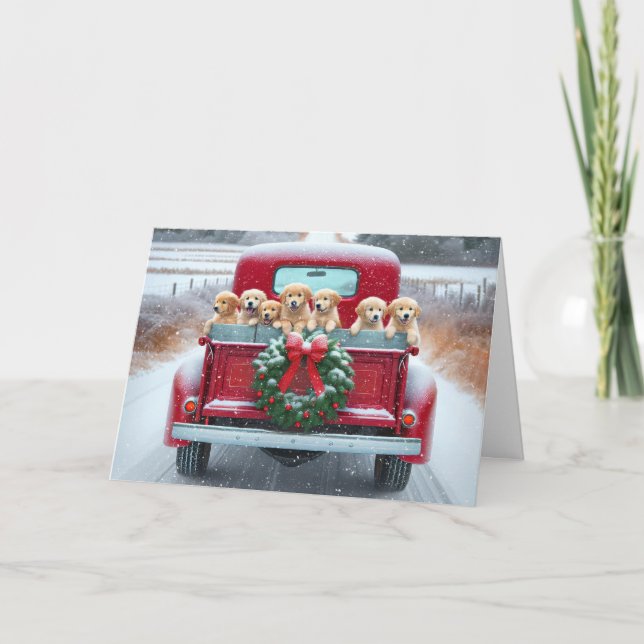 Christmas Golden Retrievers Puppies In Retro Truck Holiday Card (Front)