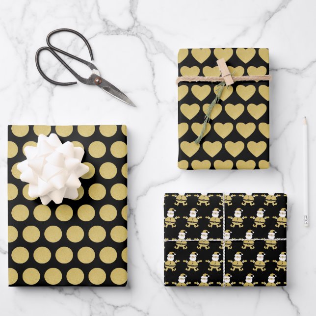 Christmas Golden Santa Dots And Hearts Wrapping Paper Sheet (Front)
