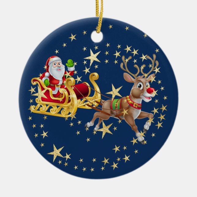 Christmas Golden Santa Sleigh Reindeers Navy Ceramic Tree Decoration (Front)