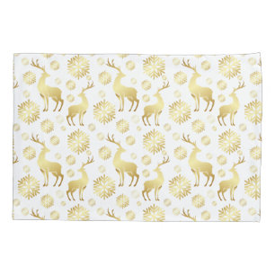 Christmas Golden Snowflakes and Reindeers Pillowcase