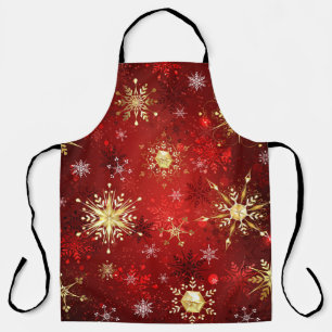 Christmas Golden Snowflakes on Red Background Apron