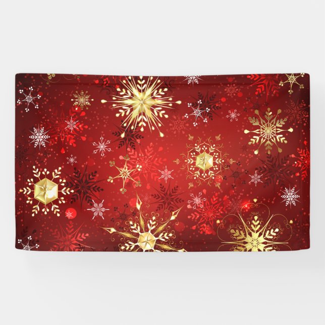 Christmas Golden Snowflakes on Red Background Banner (Horizontal)