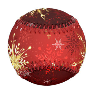 Christmas Golden Snowflakes on Red Background Baseball