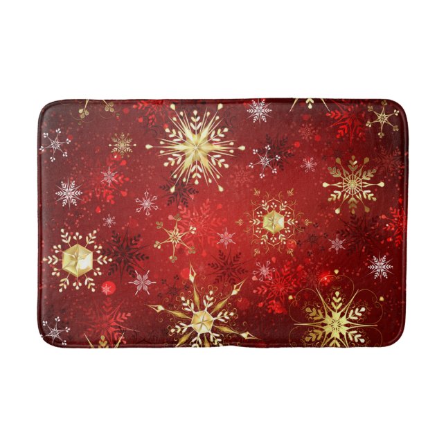 Christmas Golden Snowflakes on Red Background Bath Mat (Front)