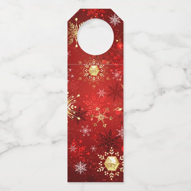 Christmas Golden Snowflakes on Red Background Bottle Tag (Front)
