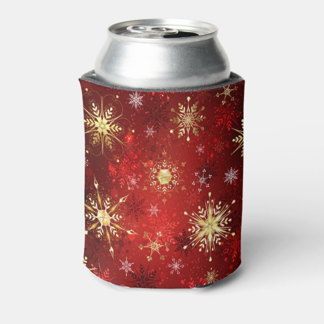 Christmas Golden Snowflakes on Red Background Can Cooler (Can Back)