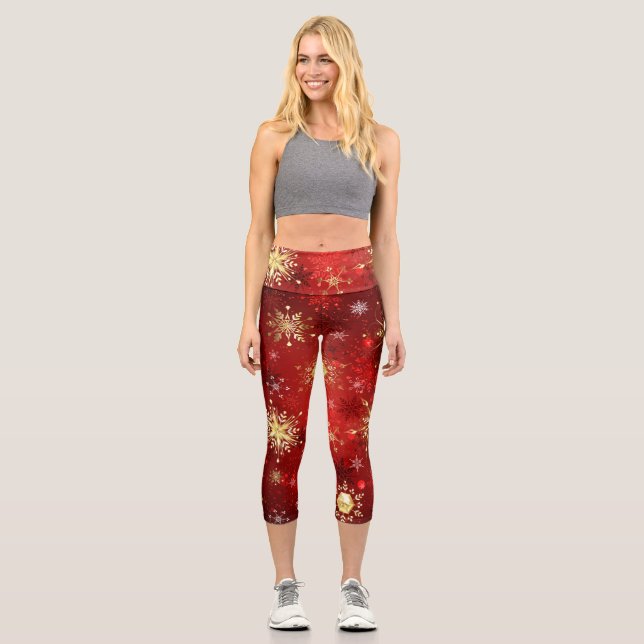Christmas Golden Snowflakes on Red Background Capri Leggings (Front)