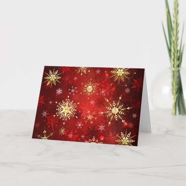 Christmas Golden Snowflakes on Red Background Card (Front)