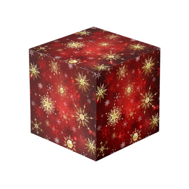 Christmas Golden Snowflakes on Red Background Cube (Front Angled)
