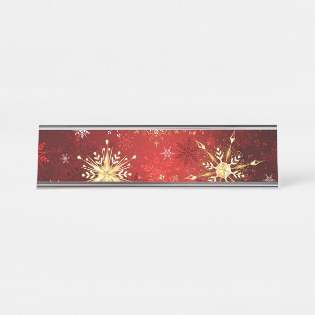 Christmas Golden Snowflakes on Red Background Desk Name Plate (Front)