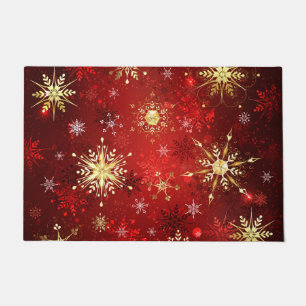 Christmas Golden Snowflakes on Red Background Doormat
