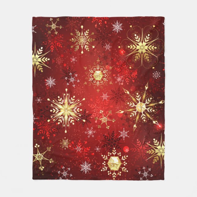 Christmas Golden Snowflakes on Red Background Fleece Blanket (Front)
