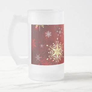 Christmas Golden Snowflakes on Red Background Frosted Glass Beer Mug