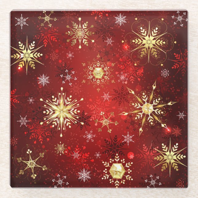 Christmas Golden Snowflakes on Red Background Glass Coaster (Front)