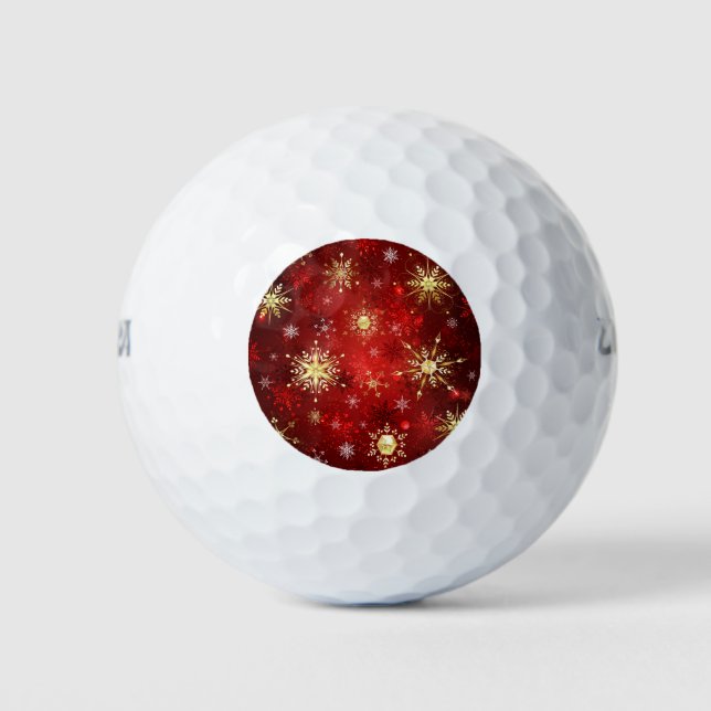 Christmas Golden Snowflakes on Red Background Golf Balls (Front)