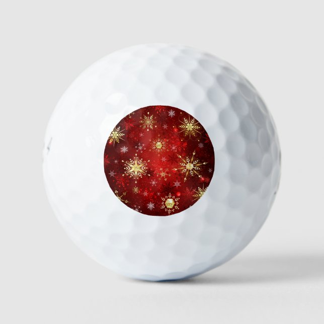 Christmas Golden Snowflakes on Red Background Golf Balls (Front)