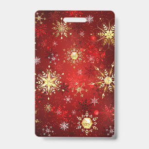 Christmas Golden Snowflakes on Red Background ID Badge
